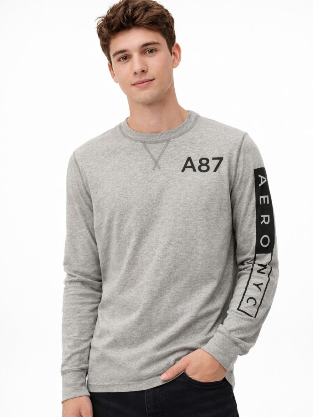 Aeropostale A87 New York Long Sleeve Tee | Gray & Black | Size S Men’s